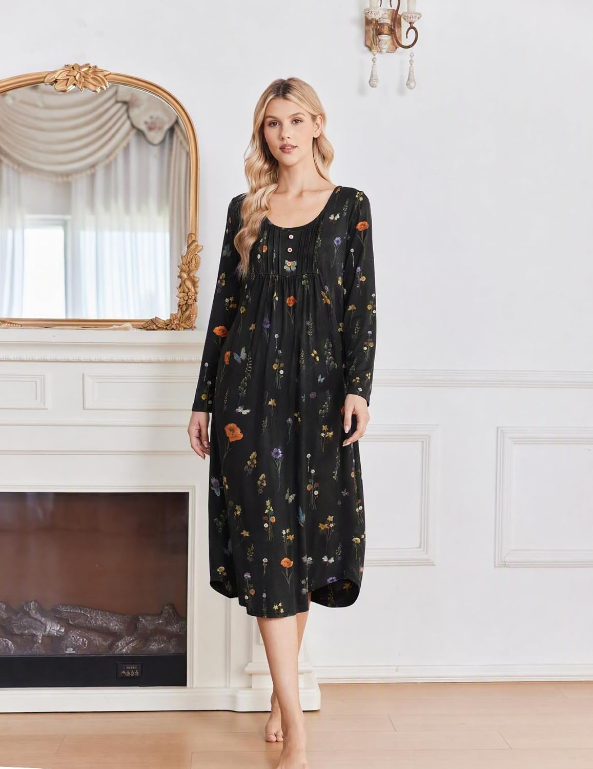 image:imageEkouaer 2 Pack Womens Nightgowns Long Sleeve Long Nightgowns for WomenNavy Flowercolorful Flower