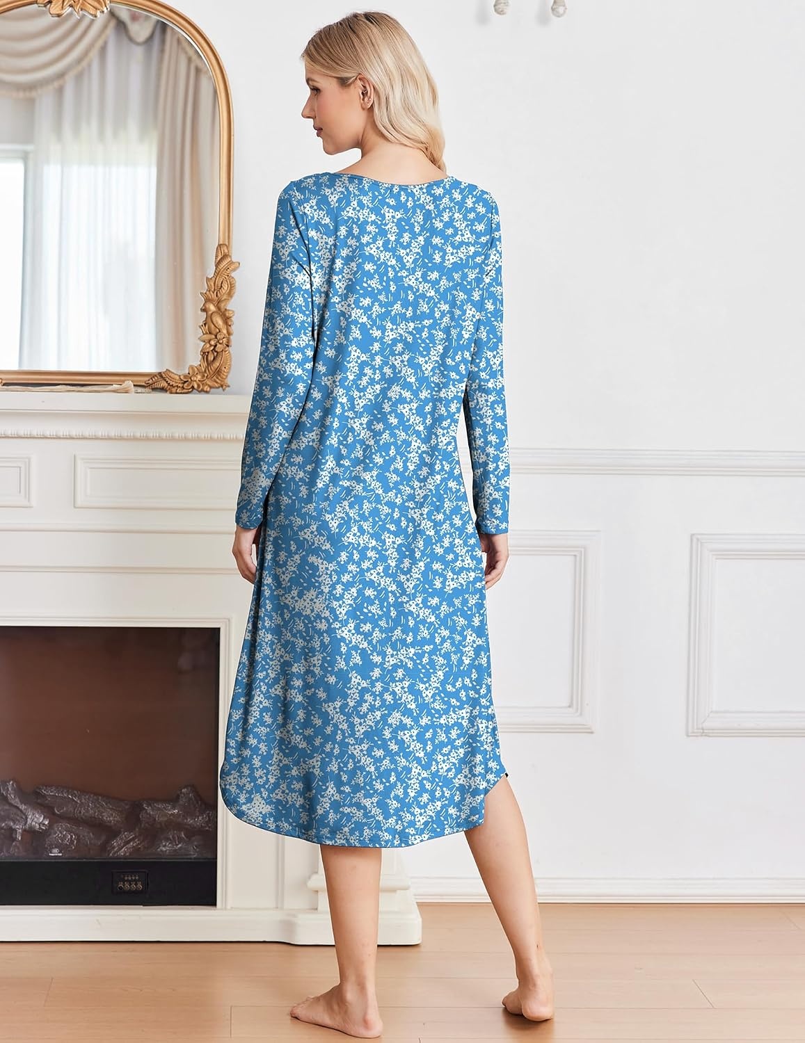 image:imageEkouaer 2 Pack Womens Nightgowns Long Sleeve Long Nightgowns for WomenPurple Flowerblue Flower