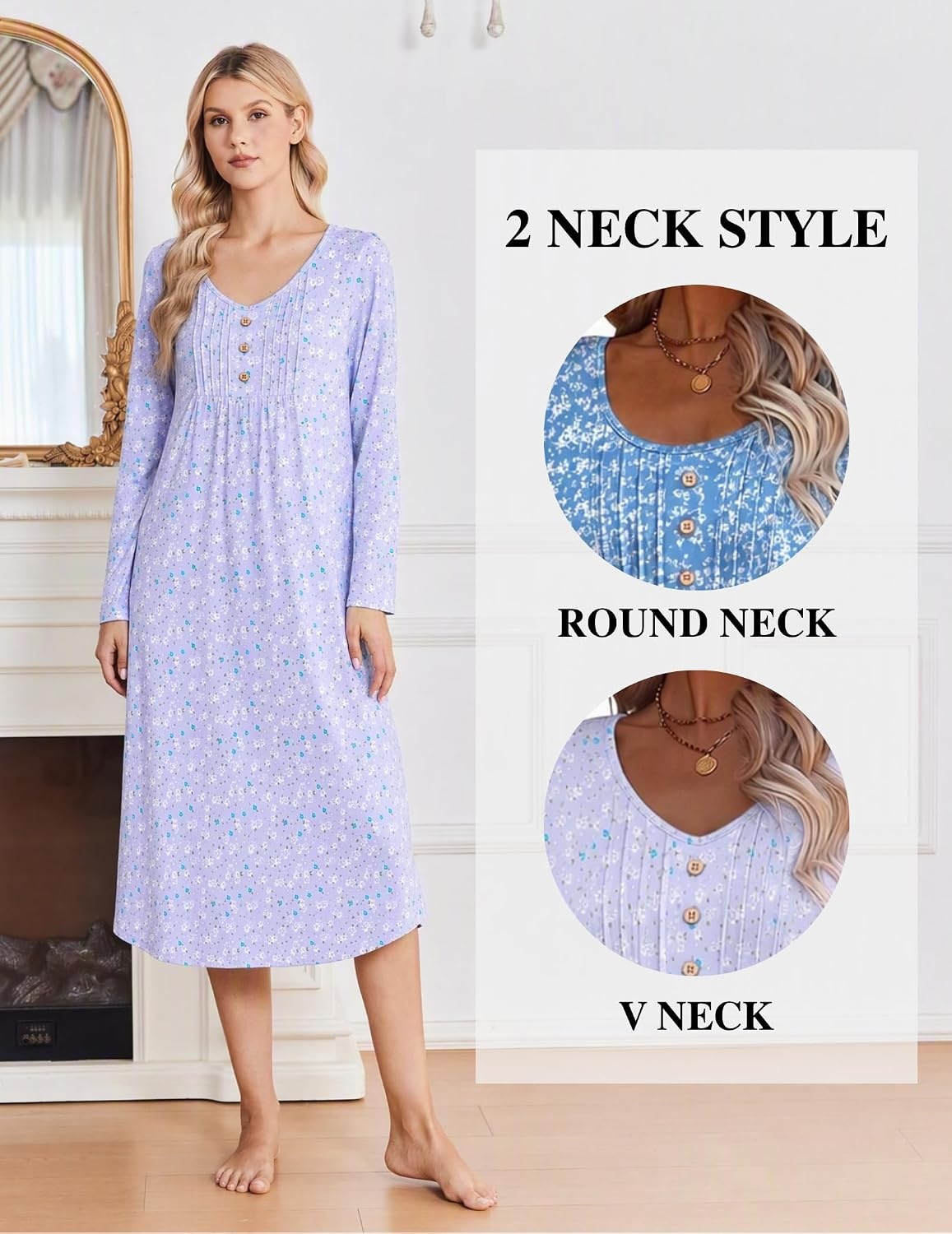 image:imageEkouaer 2 Pack Womens Nightgowns Long Sleeve Long Nightgowns for WomenPurple Flowerblue Flower