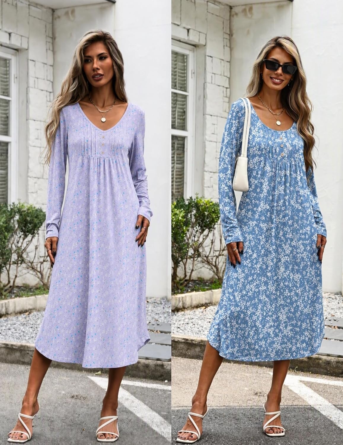 image:imageEkouaer 2 Pack Womens Nightgowns Long Sleeve Long Nightgowns for WomenPurple Flowerblue Flower
