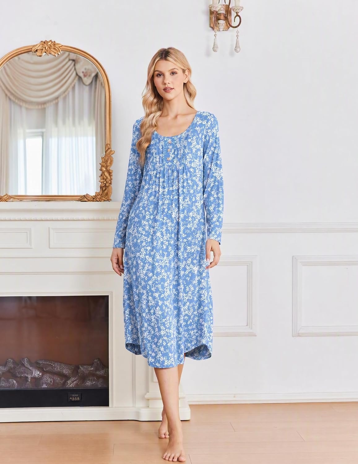 image:imageEkouaer 2 Pack Womens Nightgowns Long Sleeve Long Nightgowns for WomenPurple Flowerblue Flower