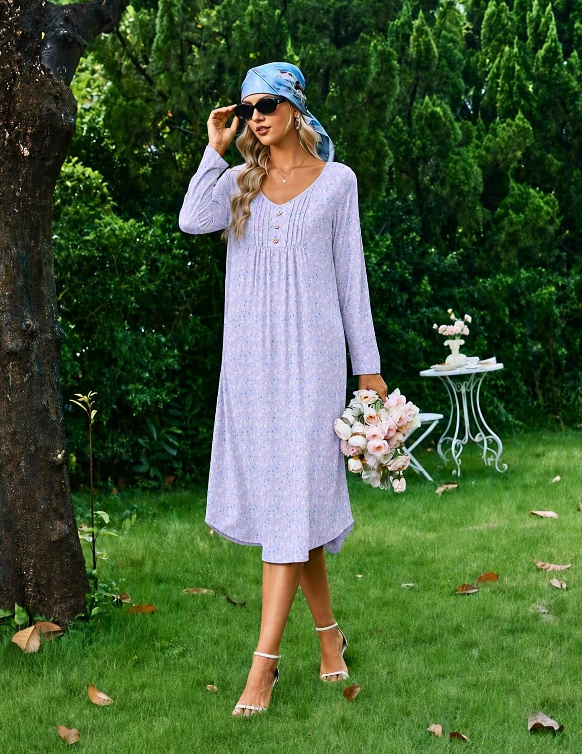 image:imageEkouaer 2 Pack Womens Nightgowns Long Sleeve Long Nightgowns for WomenPurple Flowerblue Flower