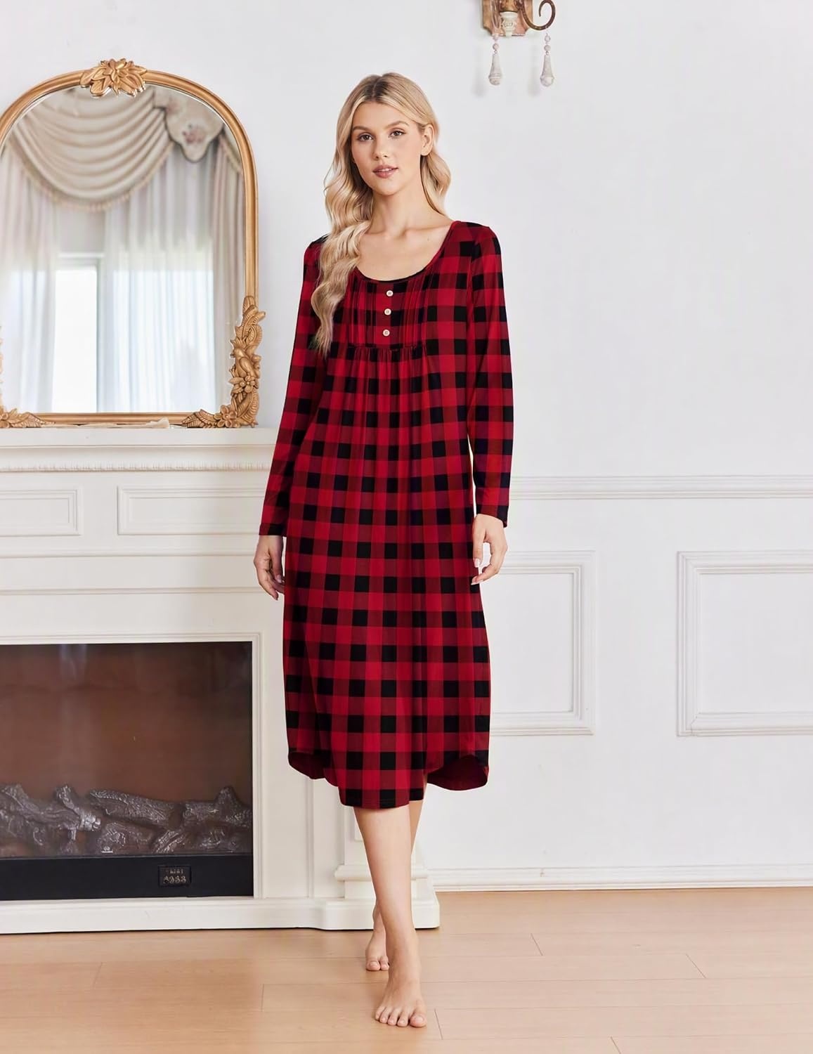 image:imageEkouaer 2 Pack Womens Nightgowns Long Sleeve Long Nightgowns for WomenWine Redblack Red Plaid