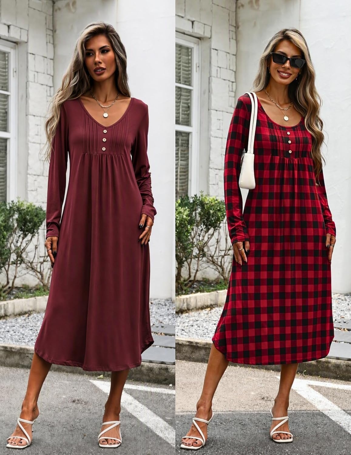 image:imageEkouaer 2 Pack Womens Nightgowns Long Sleeve Long Nightgowns for WomenWine Redblack Red Plaid