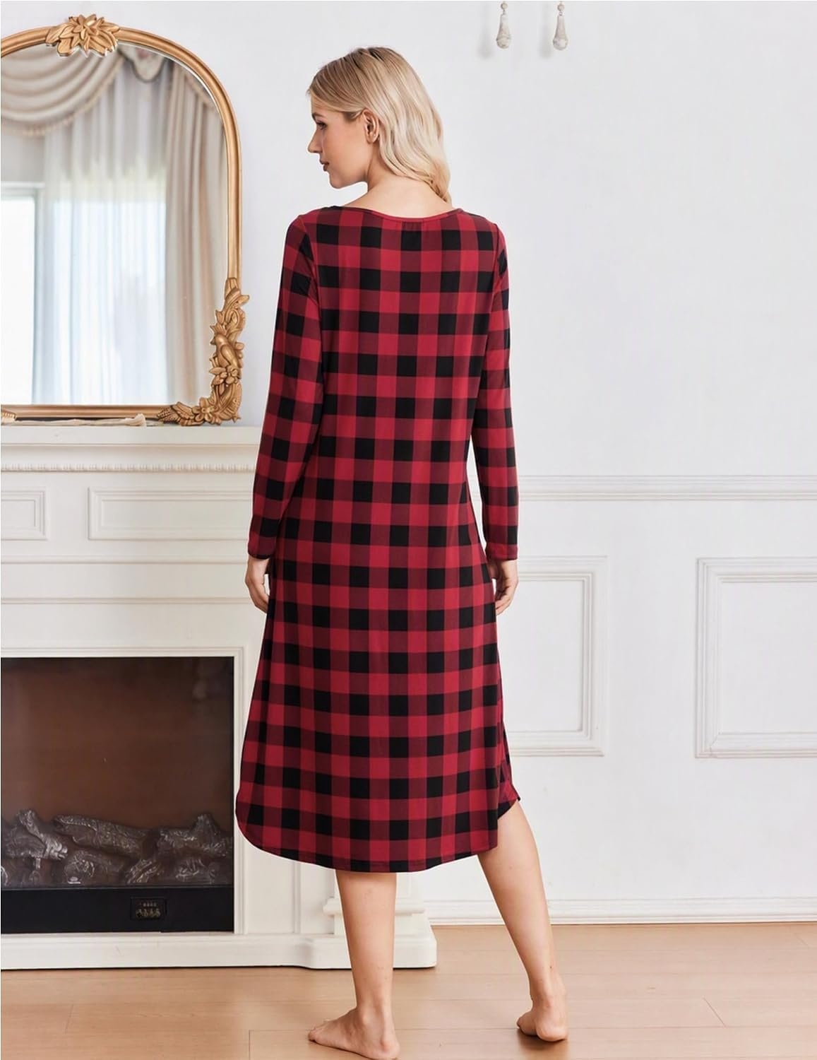 image:imageEkouaer 2 Pack Womens Nightgowns Long Sleeve Long Nightgowns for WomenWine Redblack Red Plaid