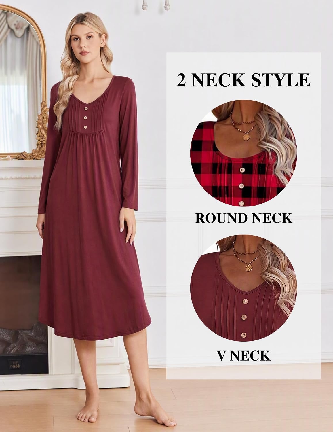 image:imageEkouaer 2 Pack Womens Nightgowns Long Sleeve Long Nightgowns for WomenWine Redblack Red Plaid