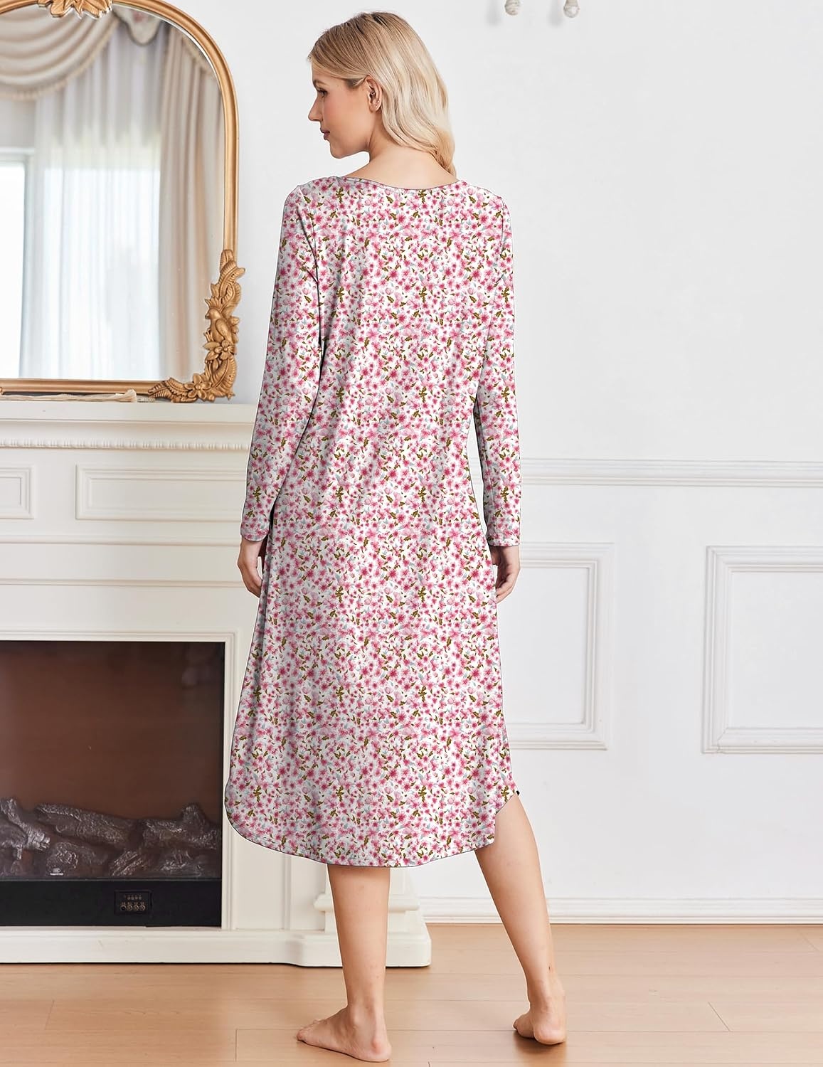 image:imageEkouaer 2 Pack Womens Nightgowns Long Sleeve Long Nightgowns for WomenYellow Flowerpink White Flower