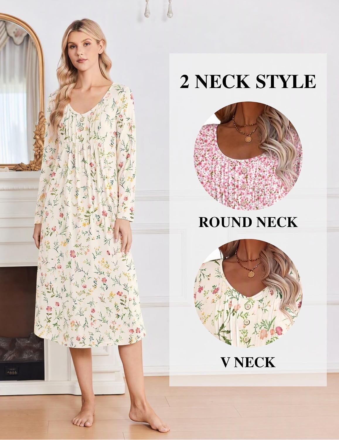 image:imageEkouaer 2 Pack Womens Nightgowns Long Sleeve Long Nightgowns for WomenYellow Flowerpink White Flower