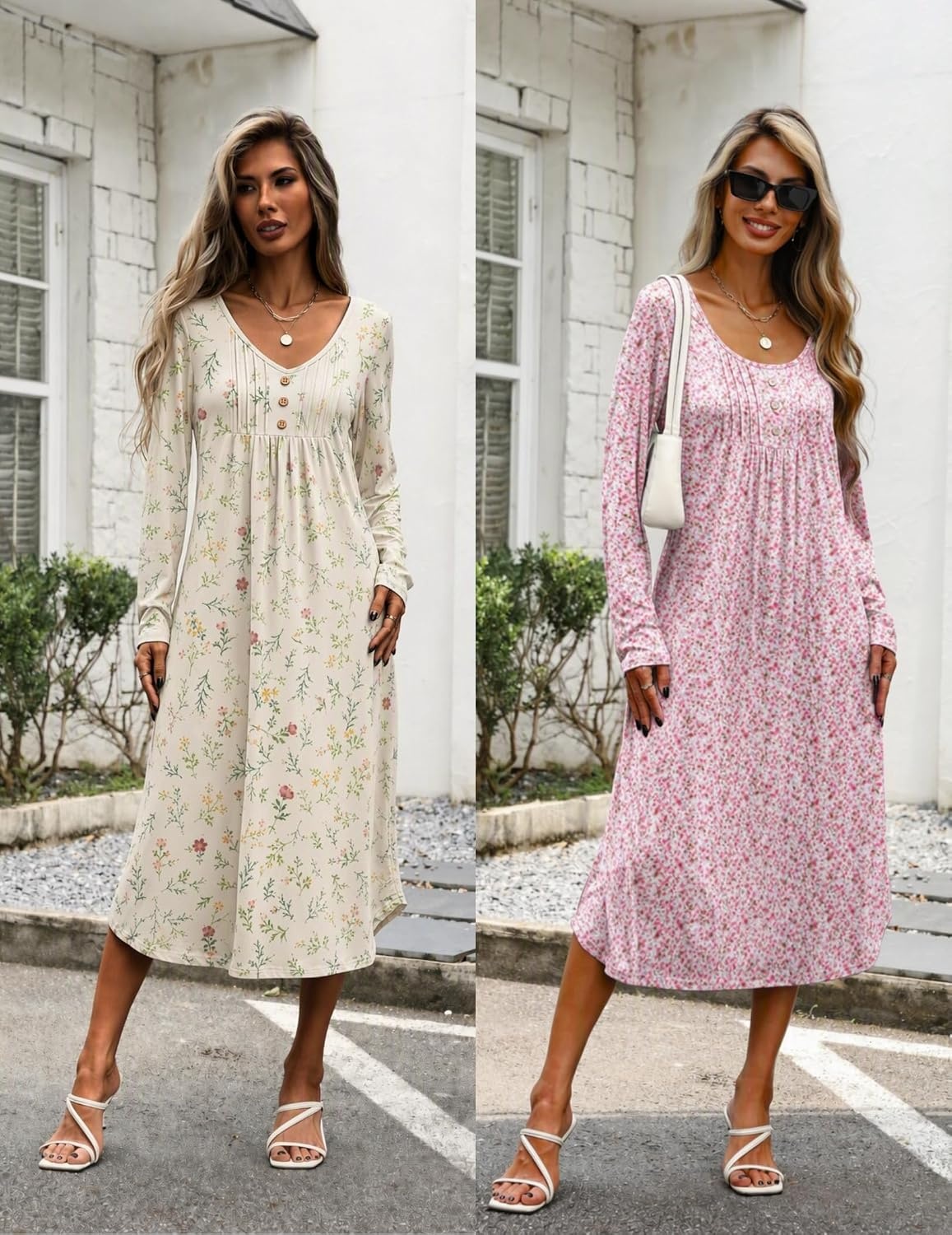 image:imageEkouaer 2 Pack Womens Nightgowns Long Sleeve Long Nightgowns for WomenYellow Flowerpink White Flower