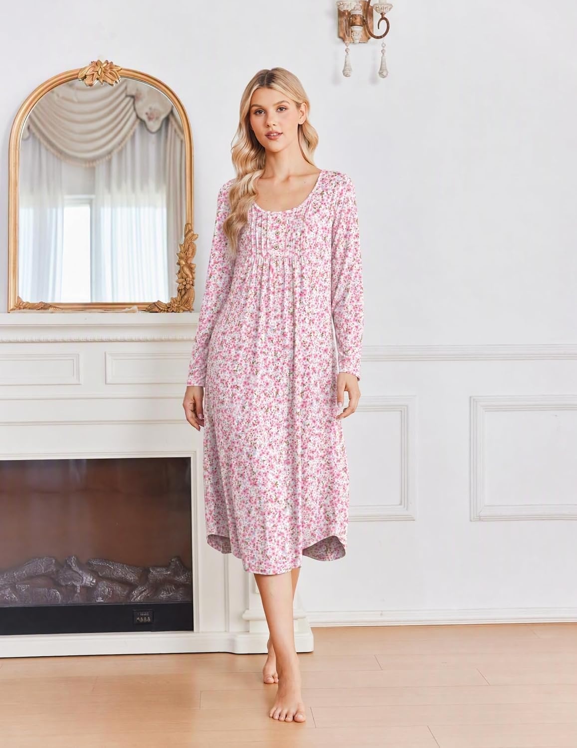 image:imageEkouaer 2 Pack Womens Nightgowns Long Sleeve Long Nightgowns for WomenYellow Flowerpink White Flower