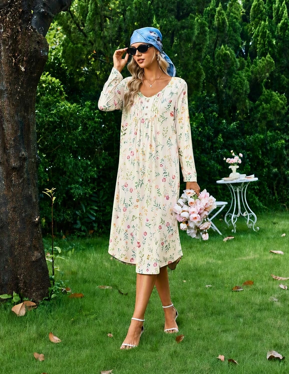 image:imageEkouaer 2 Pack Womens Nightgowns Long Sleeve Long Nightgowns for WomenYellow Flowerpink White Flower