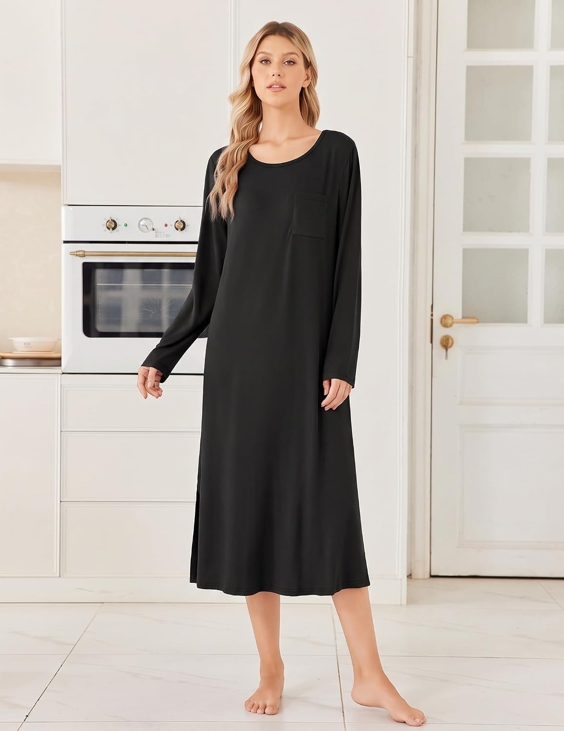image:imageEkouaer 3 Pack Long Sleeve Full Length Chest Pocket Nightgowns for WomenBlackdeep Graynavy Blue