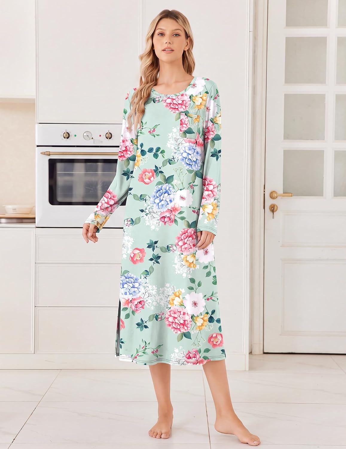 image:imageEkouaer 3 Pack Long Sleeve Full Length Chest Pocket Nightgowns for WomenBlackdeep Purplrgreen Flower