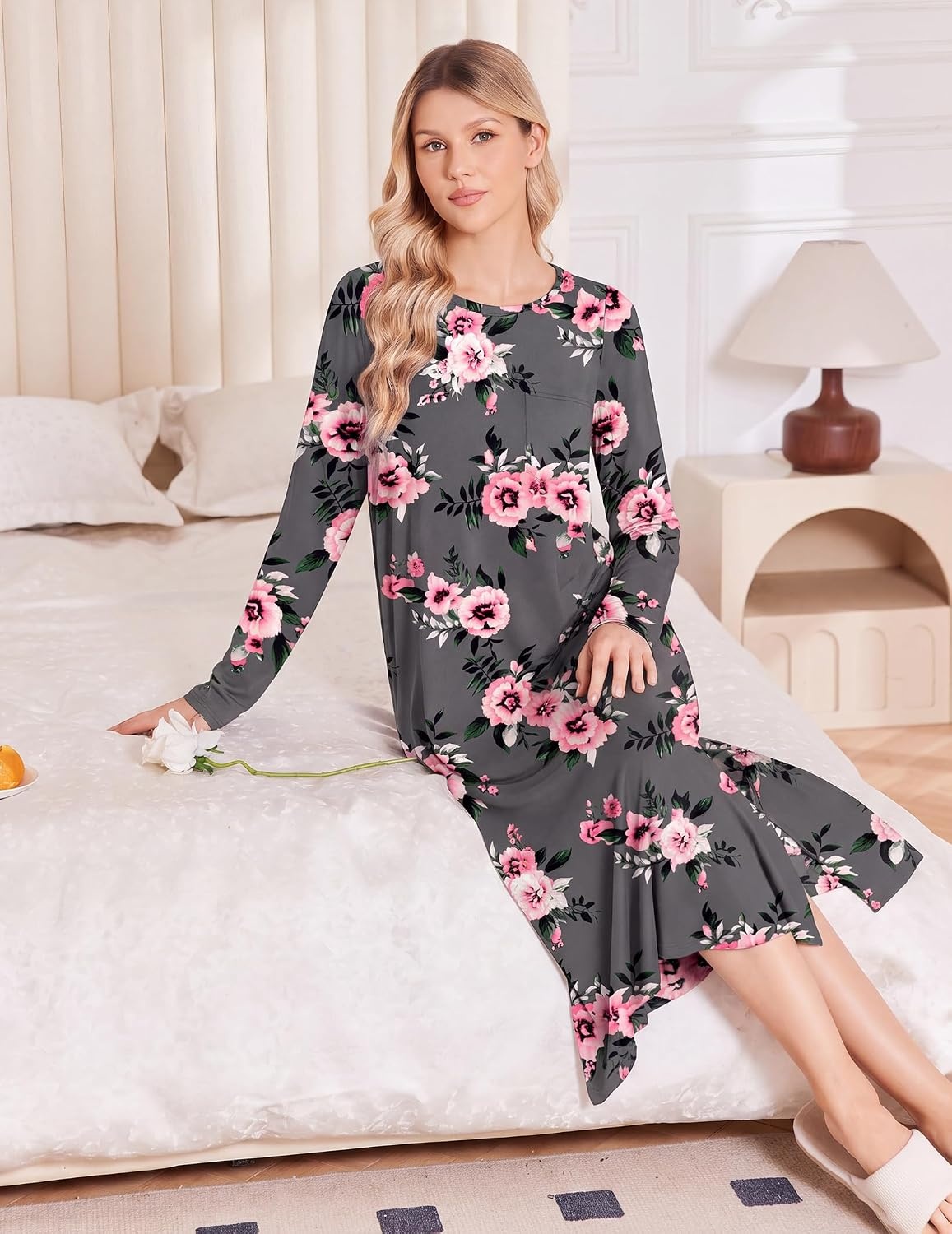 image:imageEkouaer 3 Pack Long Sleeve Full Length Chest Pocket Nightgowns for WomenBlacklilacpurple Flower