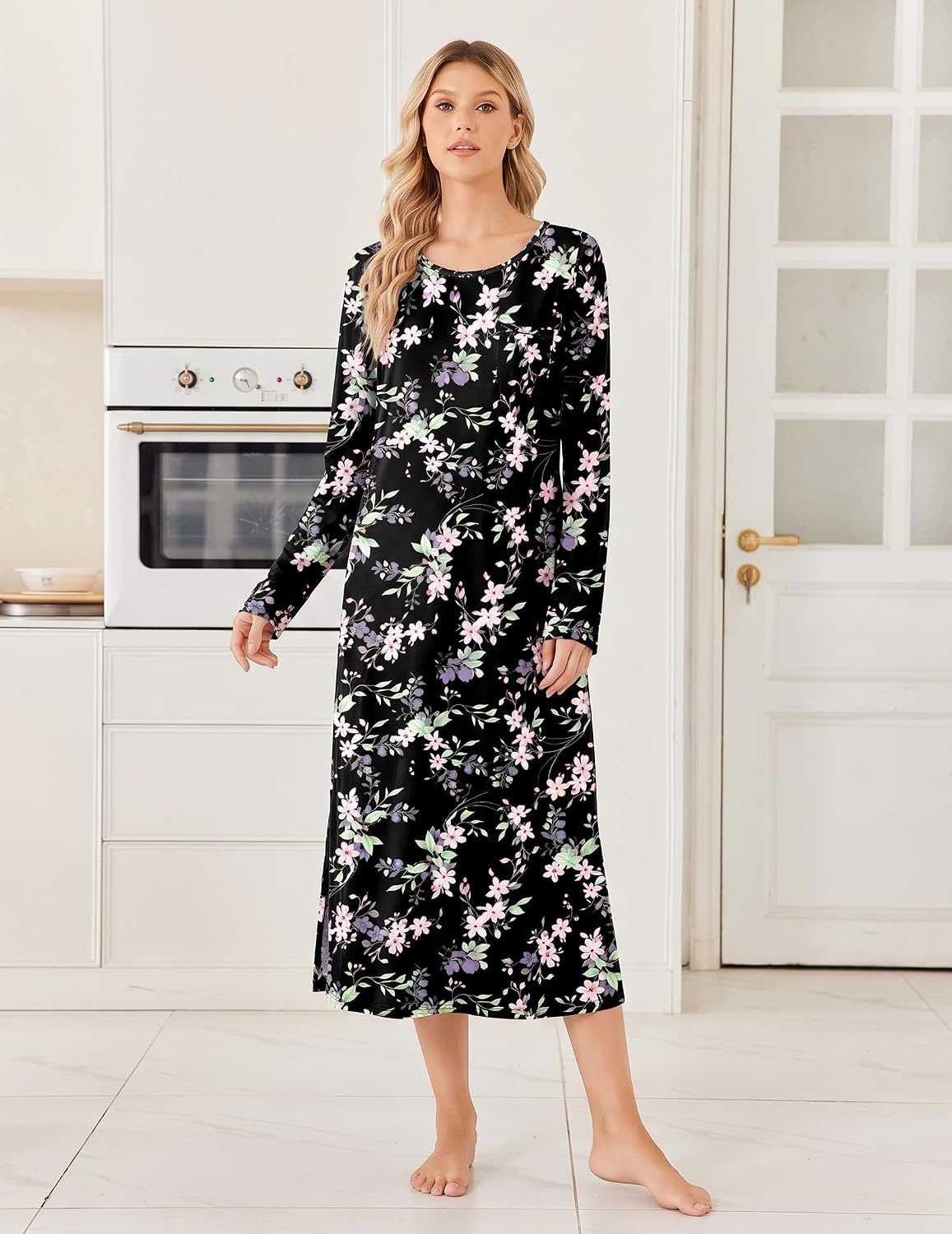 image:imageEkouaer 3 Pack Long Sleeve Full Length Chest Pocket Nightgowns for WomenBlackwine Redblack Flower