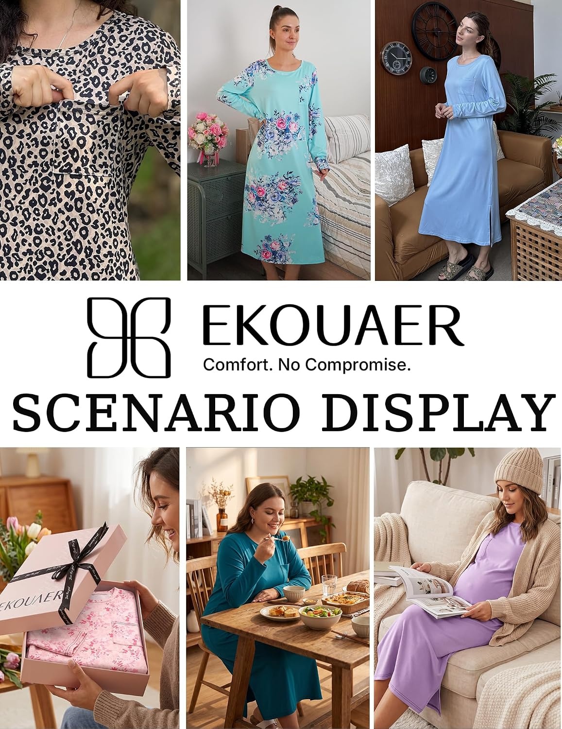 image:imageEkouaer 3 Pack Long Sleeve Full Length Chest Pocket Nightgowns for WomenBlackwine Redblack Flower