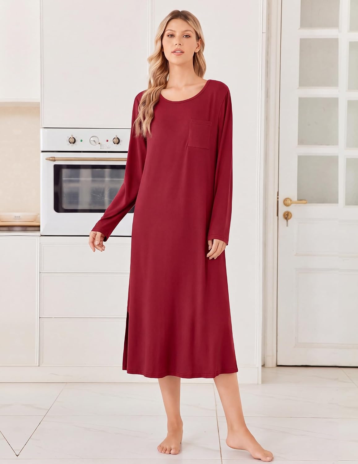 image:imageEkouaer 3 Pack Long Sleeve Full Length Chest Pocket Nightgowns for WomenBlackwine Redblue Green