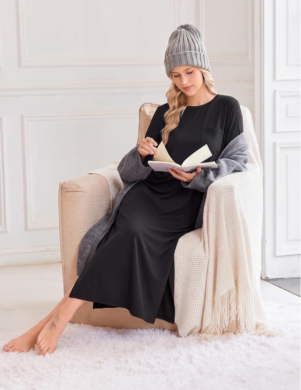 image:imageEkouaer 3 Pack Long Sleeve Full Length Chest Pocket Nightgowns for WomenBlackwine Redblue Green