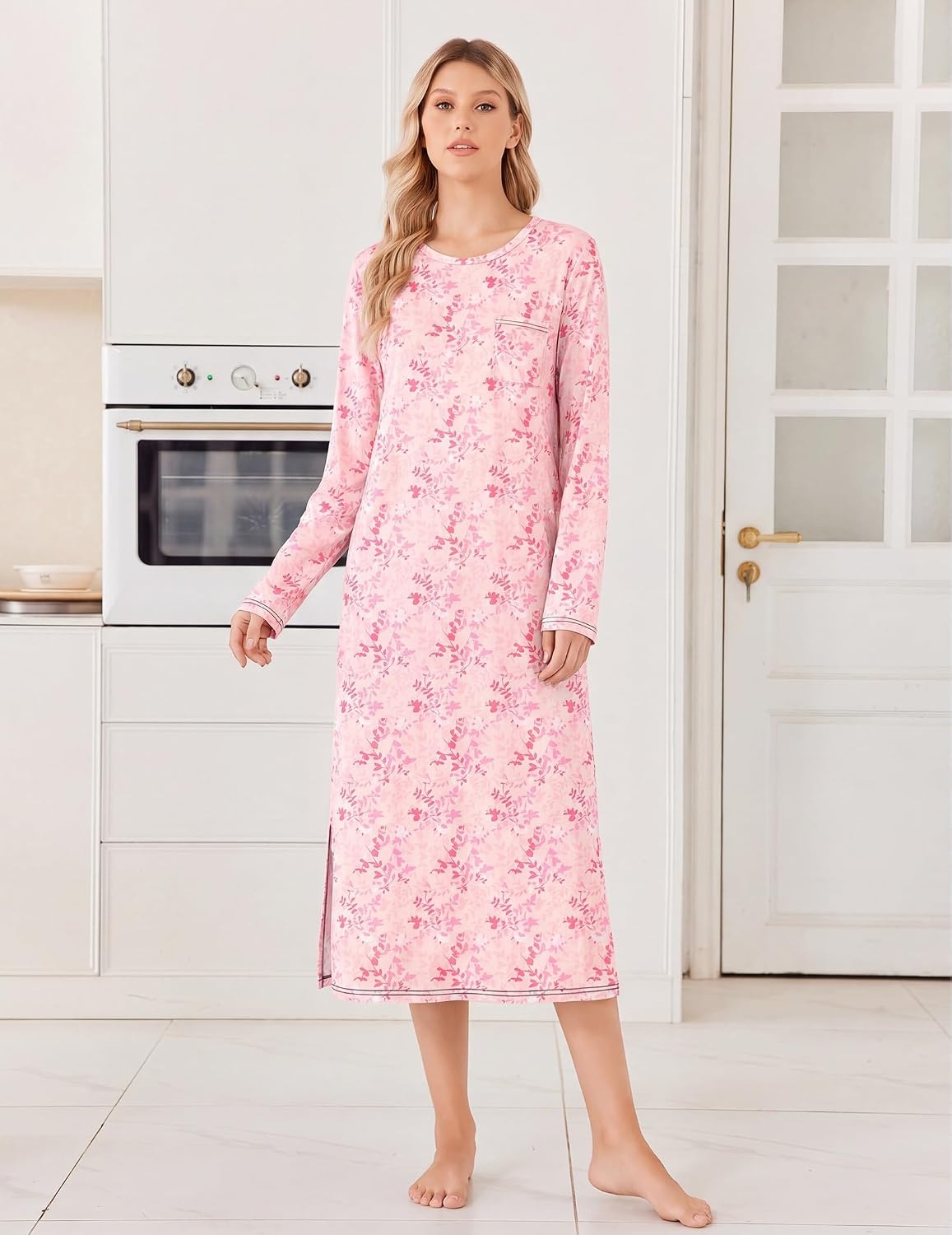 image:imageEkouaer 3 Pack Long Sleeve Full Length Chest Pocket Nightgowns for WomenLight Bluepinkpink Flower