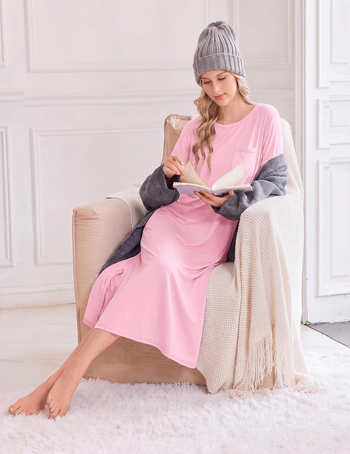 image:imageEkouaer 3 Pack Long Sleeve Full Length Chest Pocket Nightgowns for WomenLight Bluepinkpink Flower