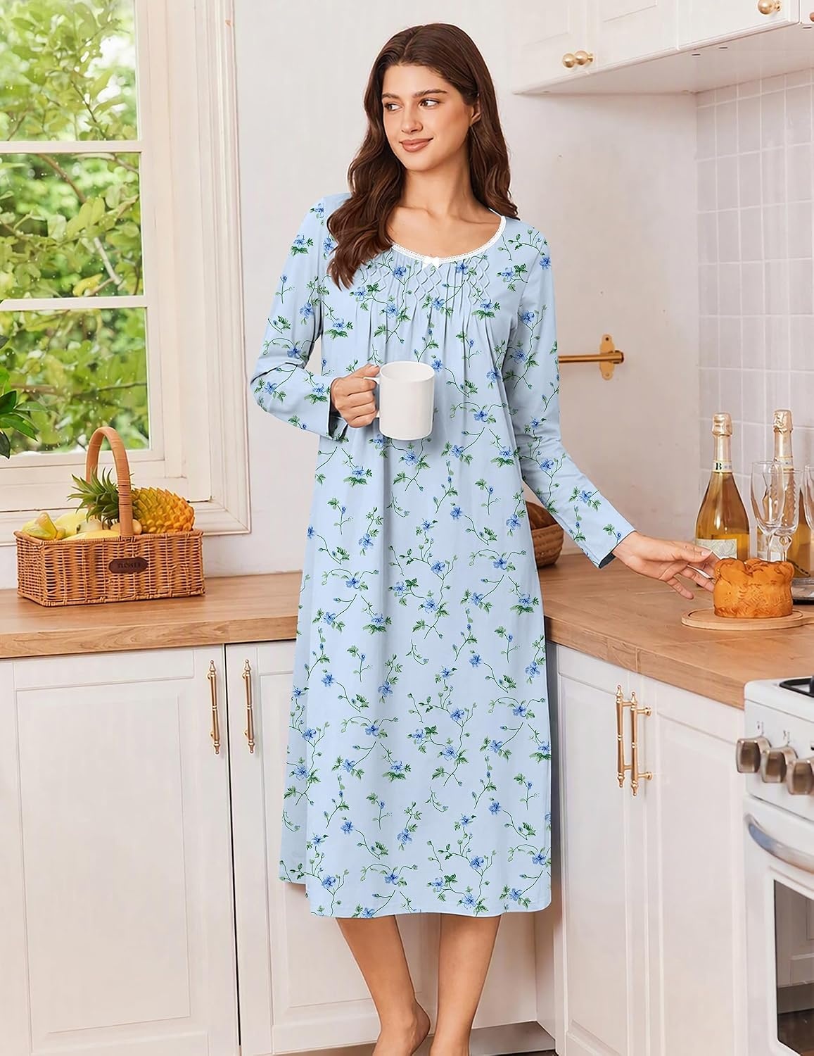 image:imageEkouaer Cotton Nightgowns for Women Long Sleeve Night GownBlue Floral