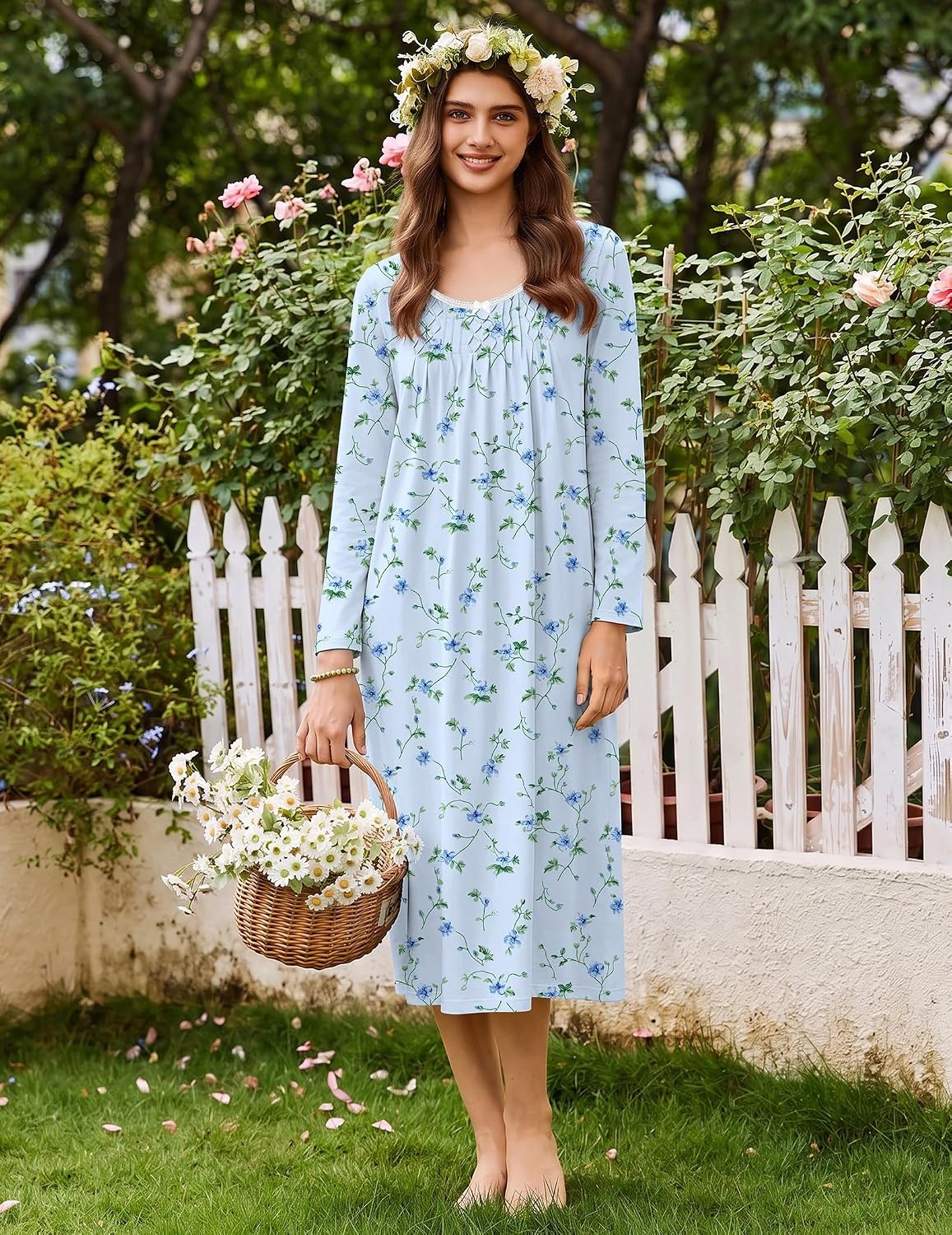 image:imageEkouaer Cotton Nightgowns for Women Long Sleeve Night GownBlue Floral