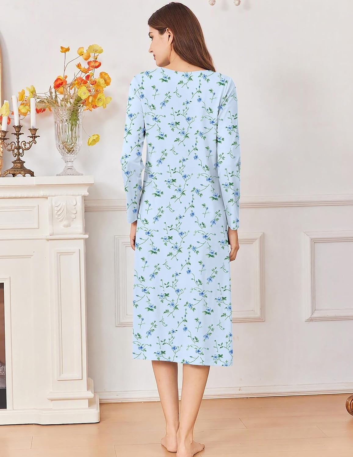 image:imageEkouaer Cotton Nightgowns for Women Long Sleeve Night GownBlue Floral
