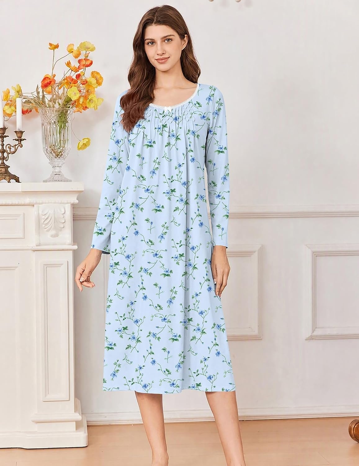 image:imageEkouaer Cotton Nightgowns for Women Long Sleeve Night GownBlue Floral