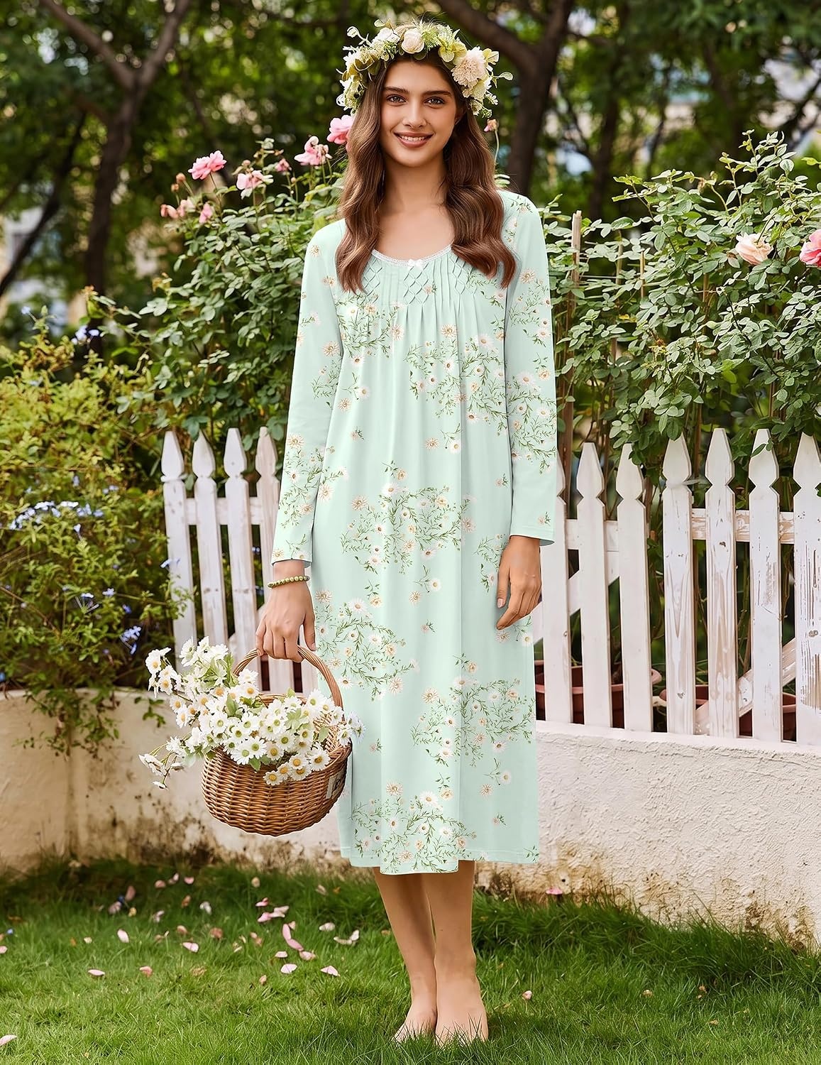image:imageEkouaer Cotton Nightgowns for Women Long Sleeve Night GownGreen Flower