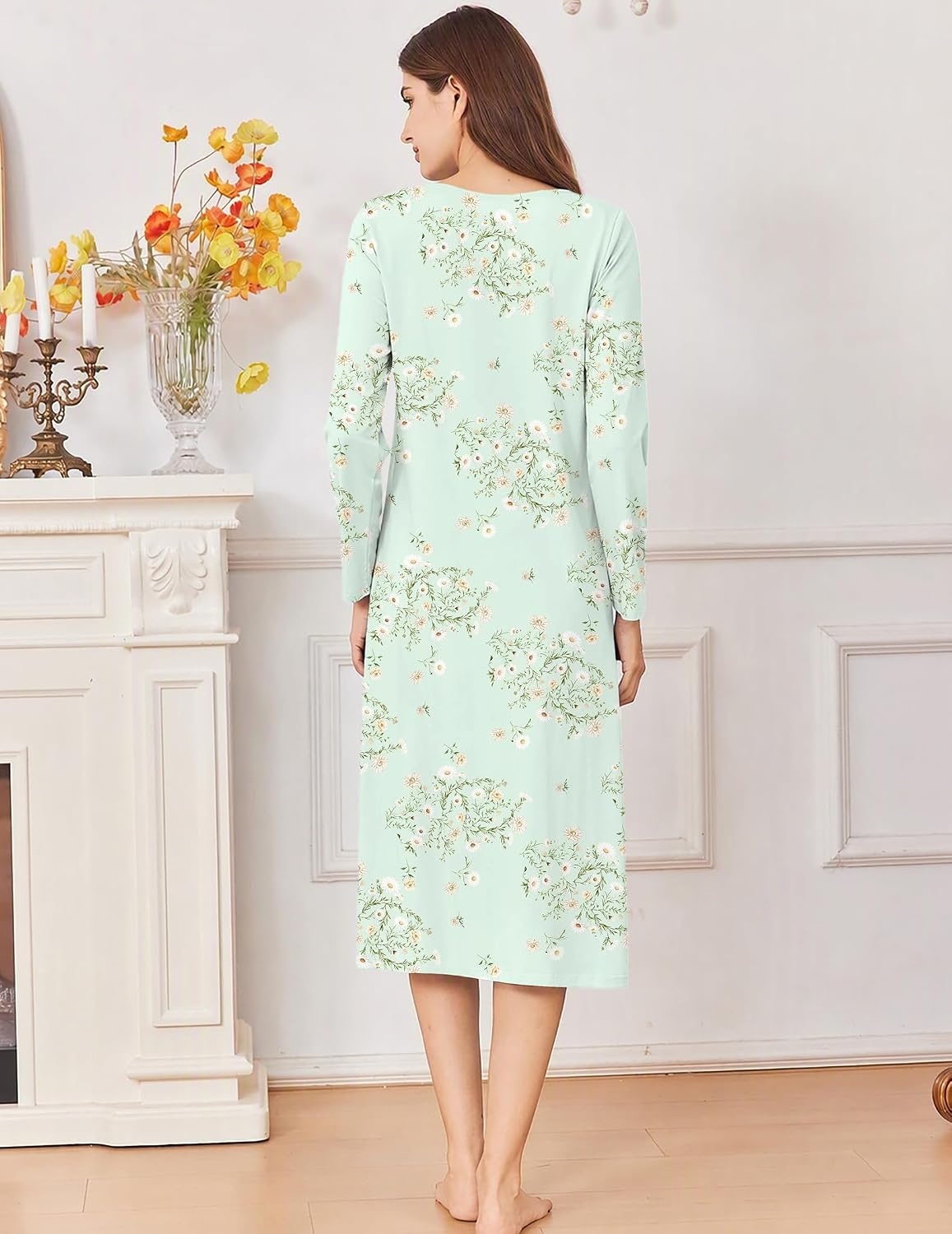 image:imageEkouaer Cotton Nightgowns for Women Long Sleeve Night GownGreen Flower