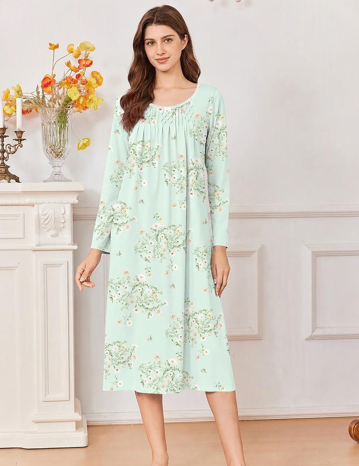 image:imageEkouaer Cotton Nightgowns for Women Long Sleeve Night GownGreen Flower