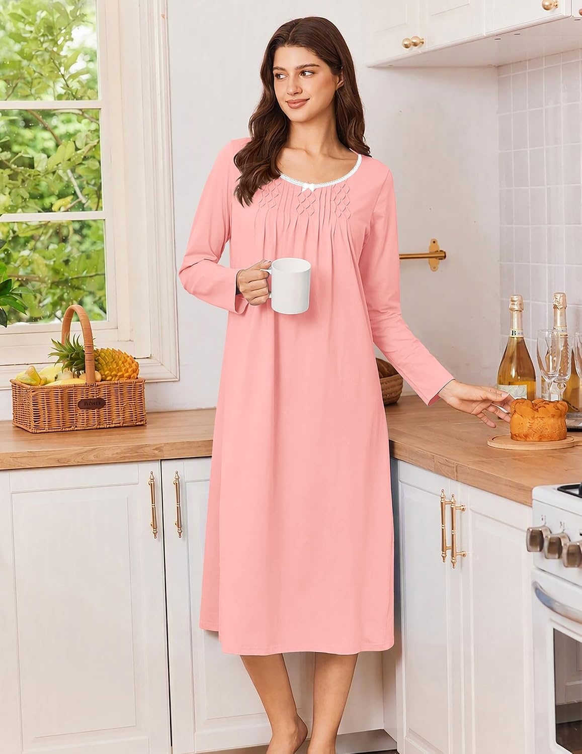image:imageEkouaer Cotton Nightgowns for Women Long Sleeve Night GownPink