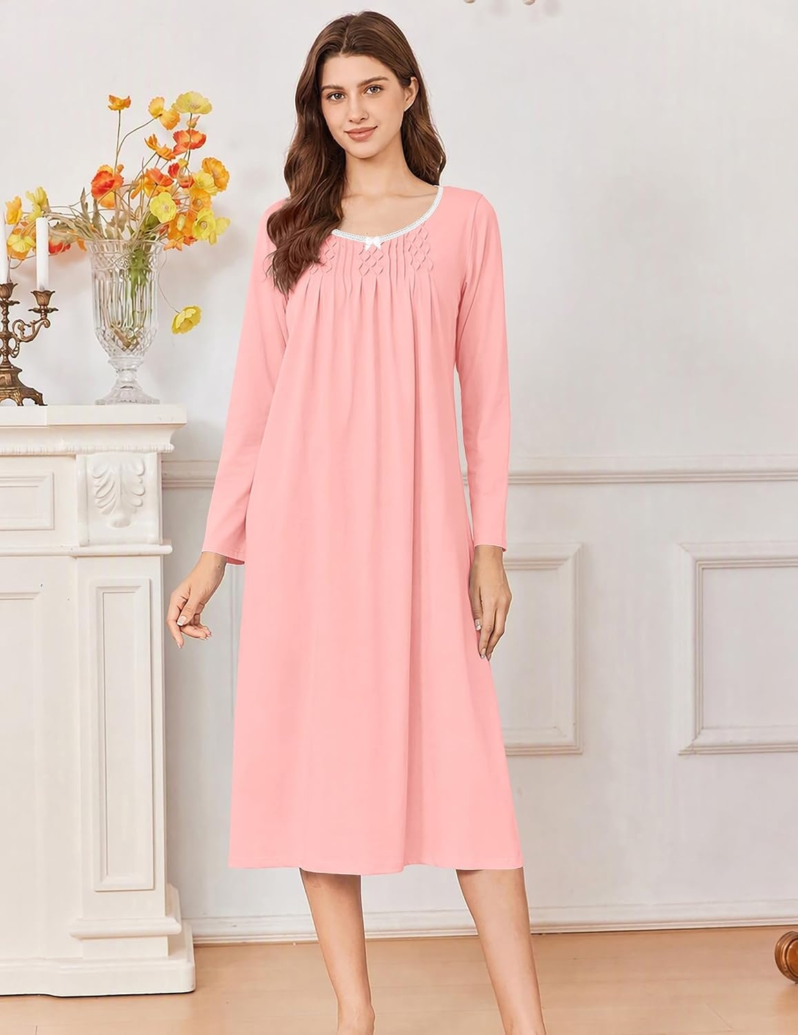 image:imageEkouaer Cotton Nightgowns for Women Long Sleeve Night GownPink