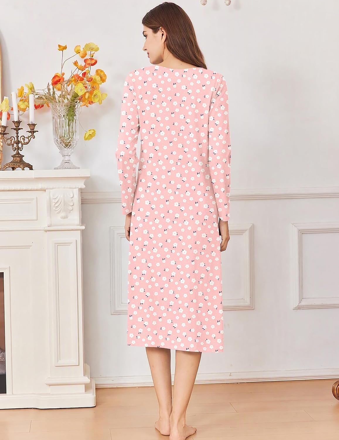 image:imageEkouaer Cotton Nightgowns for Women Long Sleeve Night GownPink White Floral