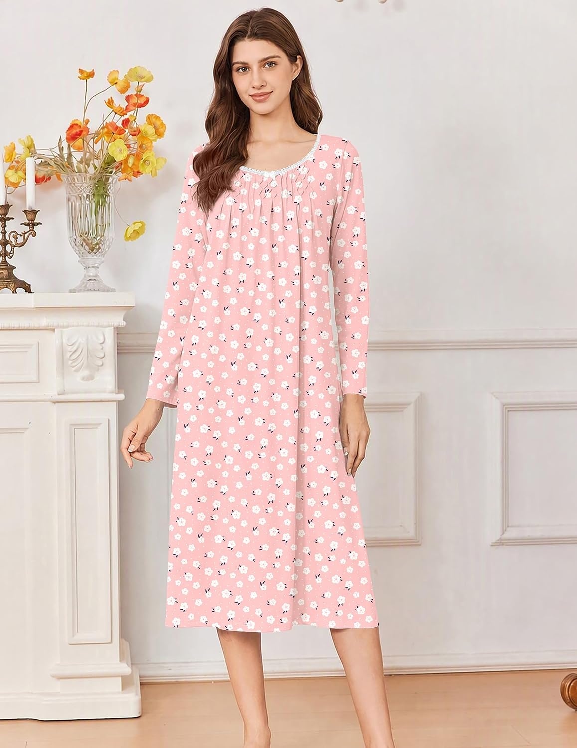 image:imageEkouaer Cotton Nightgowns for Women Long Sleeve Night GownPink White Floral