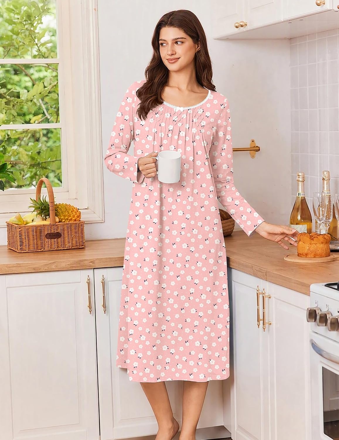 image:imageEkouaer Cotton Nightgowns for Women Long Sleeve Night GownPink White Floral