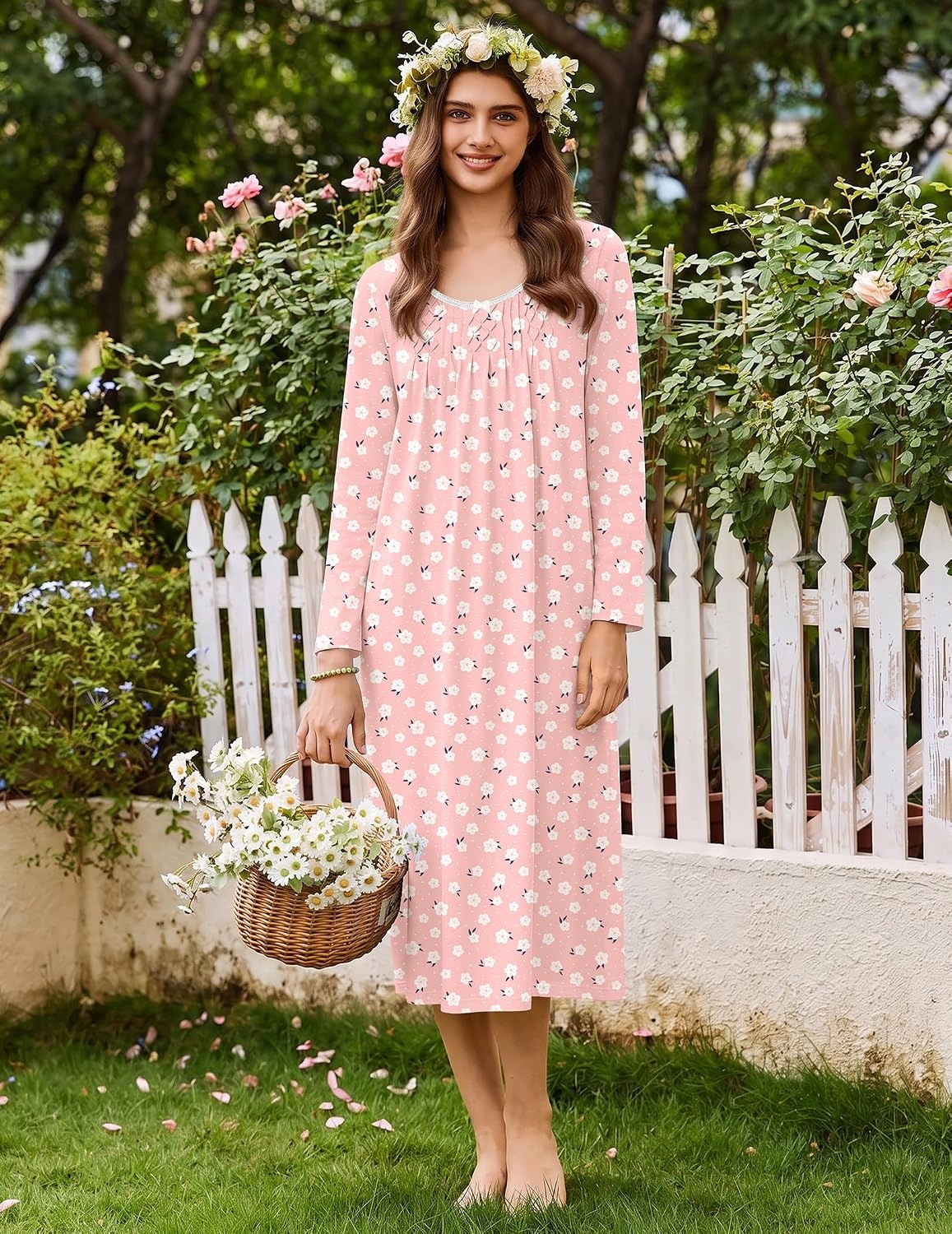 image:imageEkouaer Cotton Nightgowns for Women Long Sleeve Night GownPink White Floral