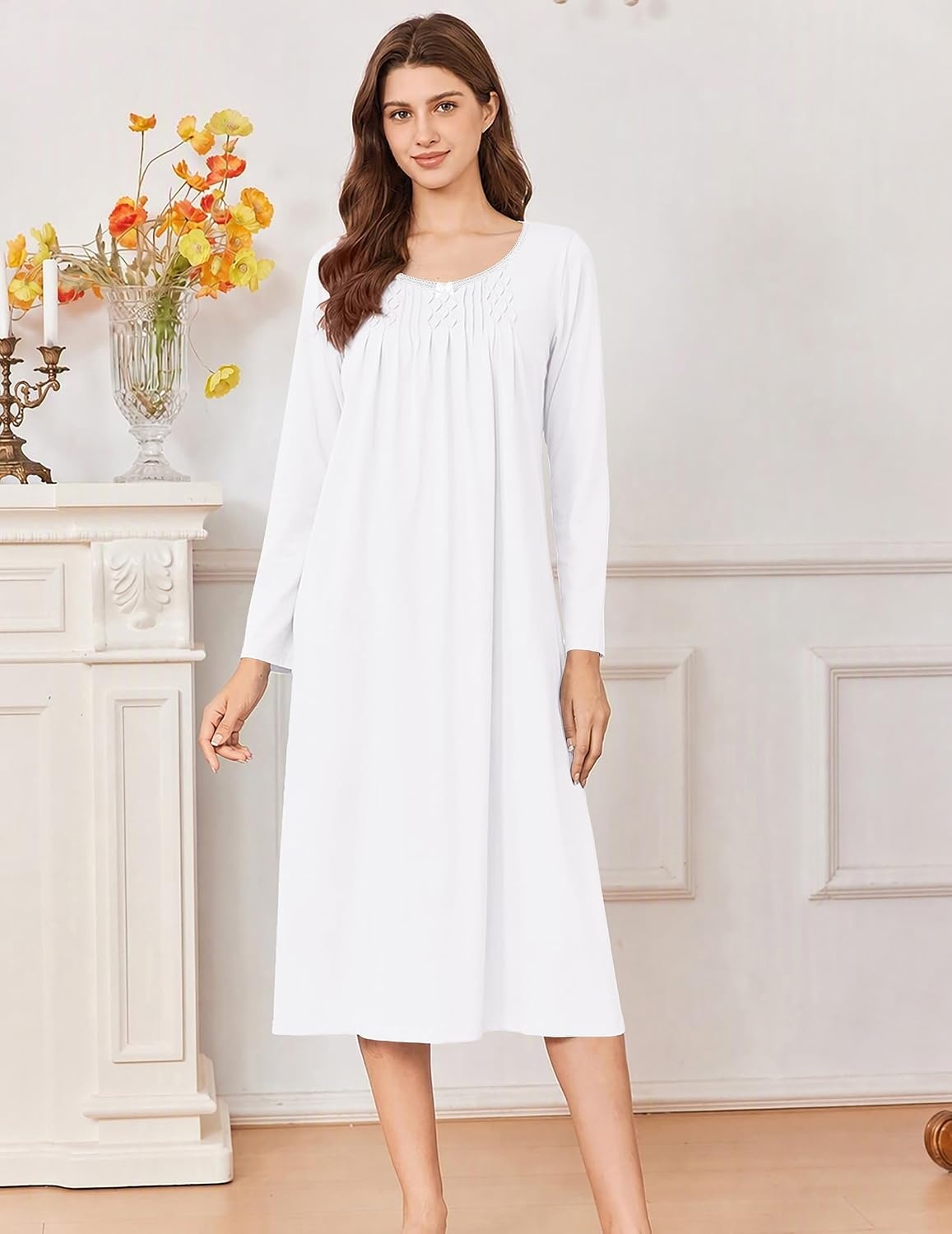 image:imageEkouaer Cotton Nightgowns for Women Long Sleeve Night GownWhite