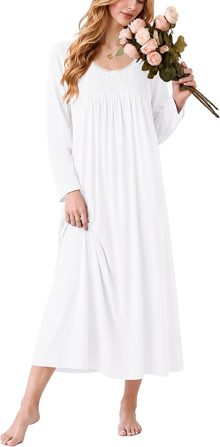 image:imageEkouaer Cotton Nightgowns for Women Long Sleeve Night GownWhite