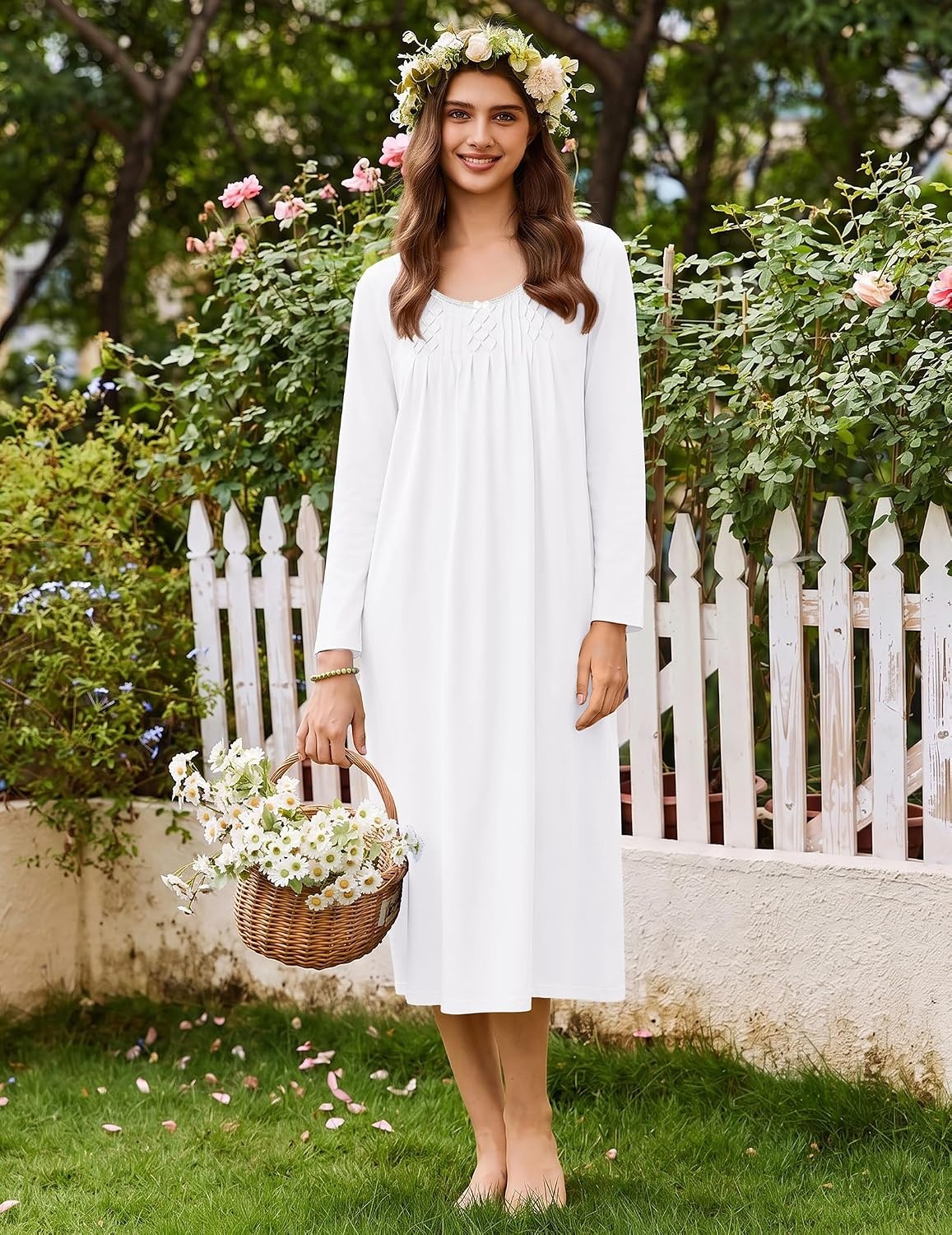 image:imageEkouaer Cotton Nightgowns for Women Long Sleeve Night GownWhite