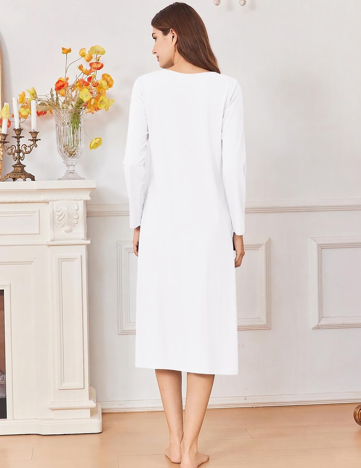 image:imageEkouaer Cotton Nightgowns for Women Long Sleeve Night GownWhite