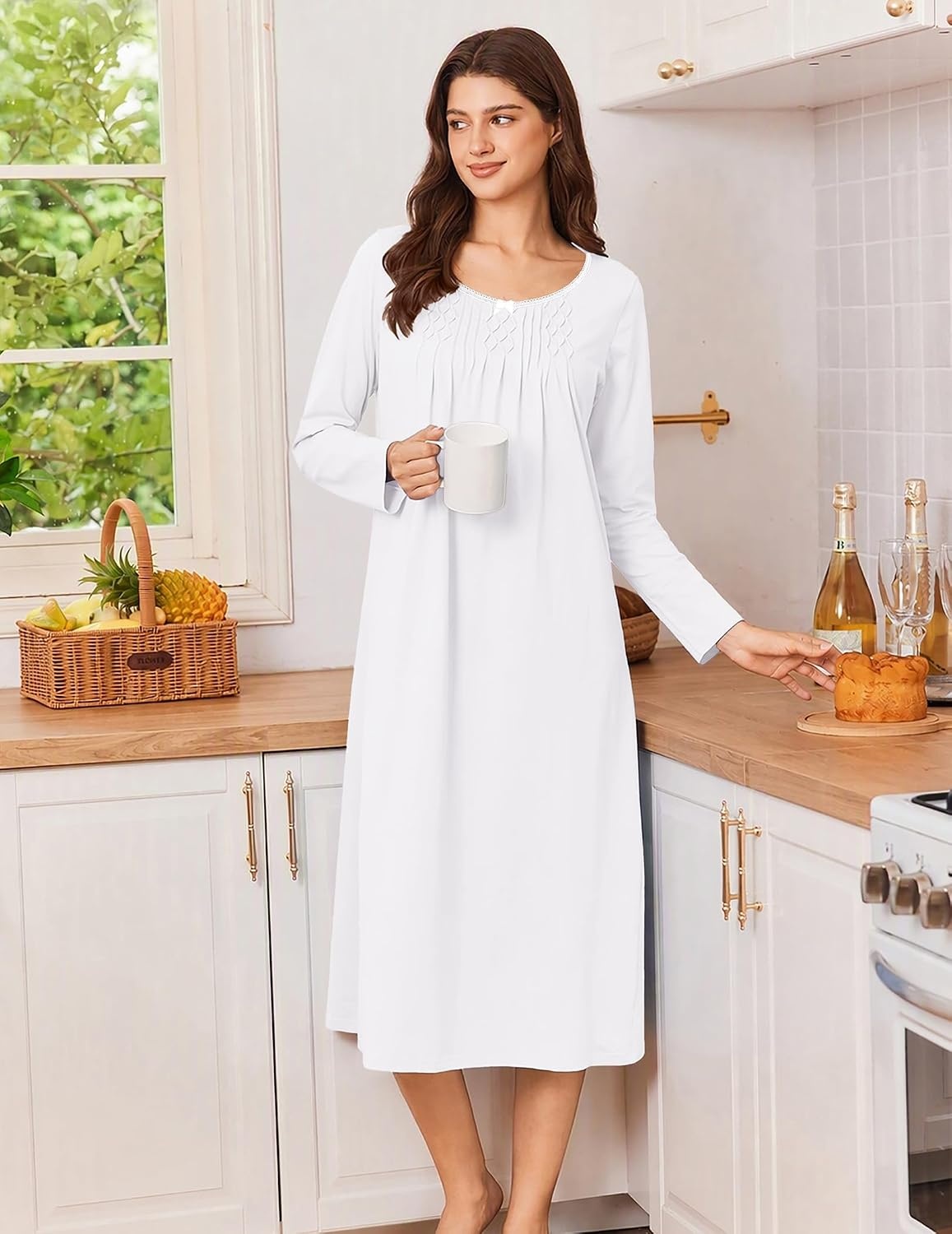 image:imageEkouaer Cotton Nightgowns for Women Long Sleeve Night GownWhite