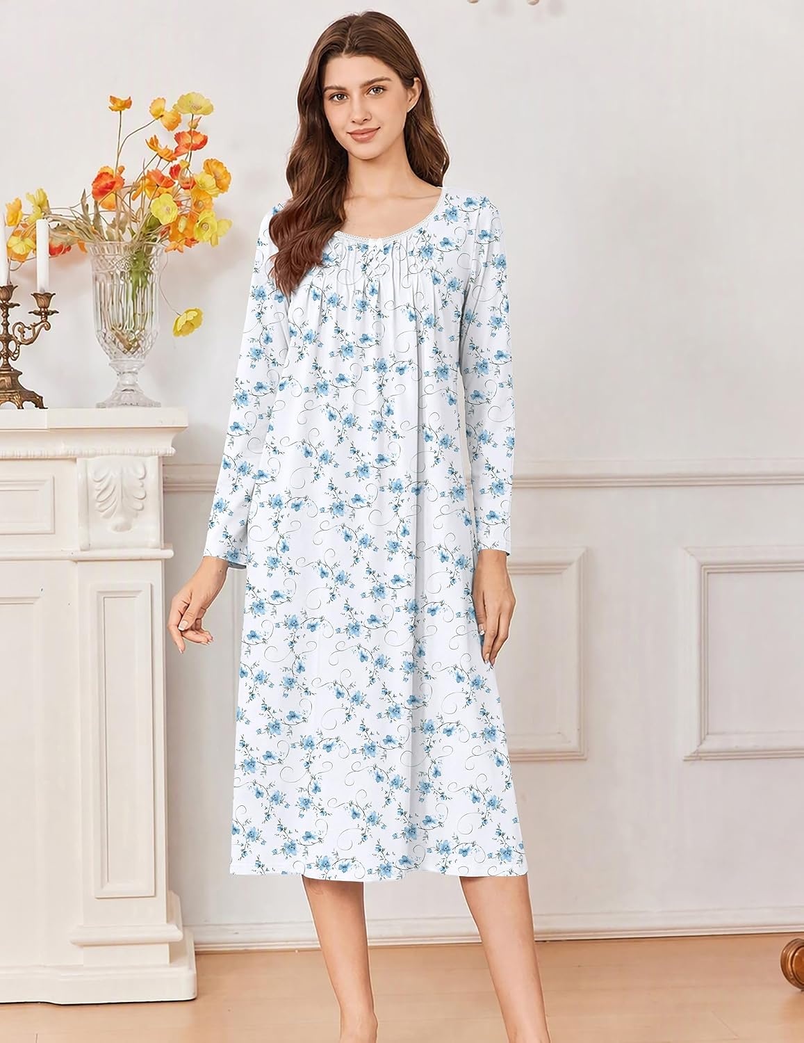 image:imageEkouaer Cotton Nightgowns for Women Long Sleeve Night GownWhite Blue Floral