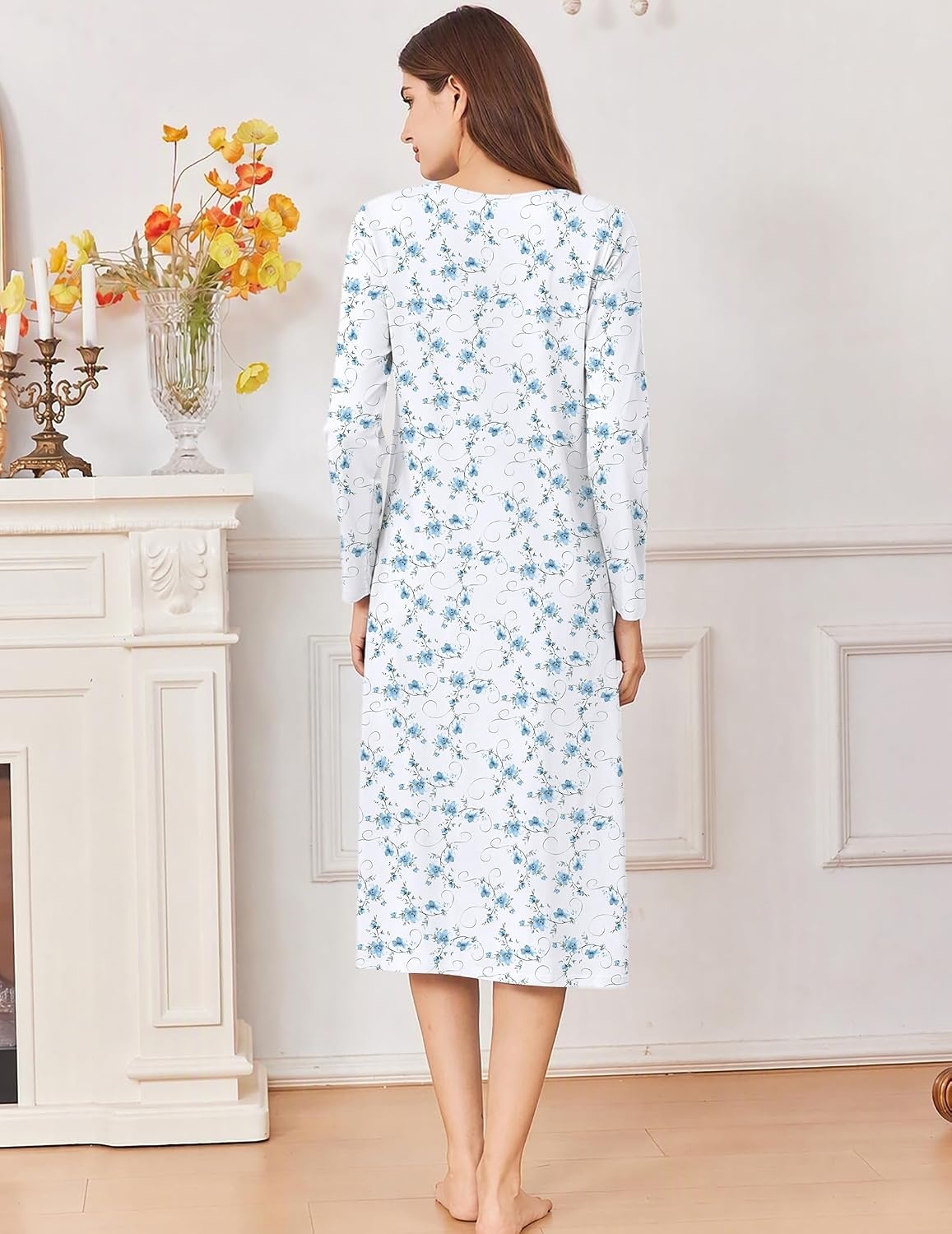 image:imageEkouaer Cotton Nightgowns for Women Long Sleeve Night GownWhite Blue Floral