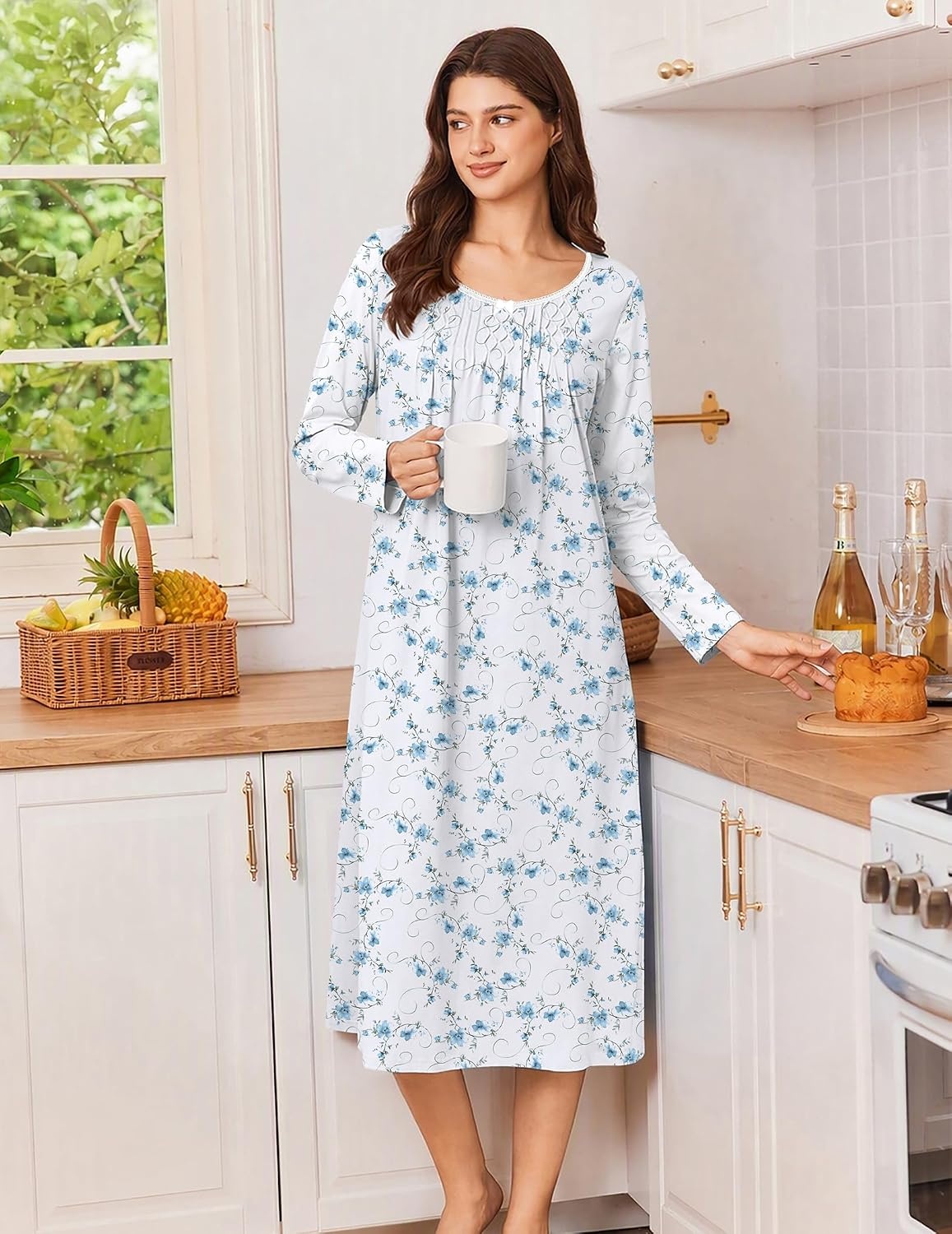 image:imageEkouaer Cotton Nightgowns for Women Long Sleeve Night GownWhite Blue Floral