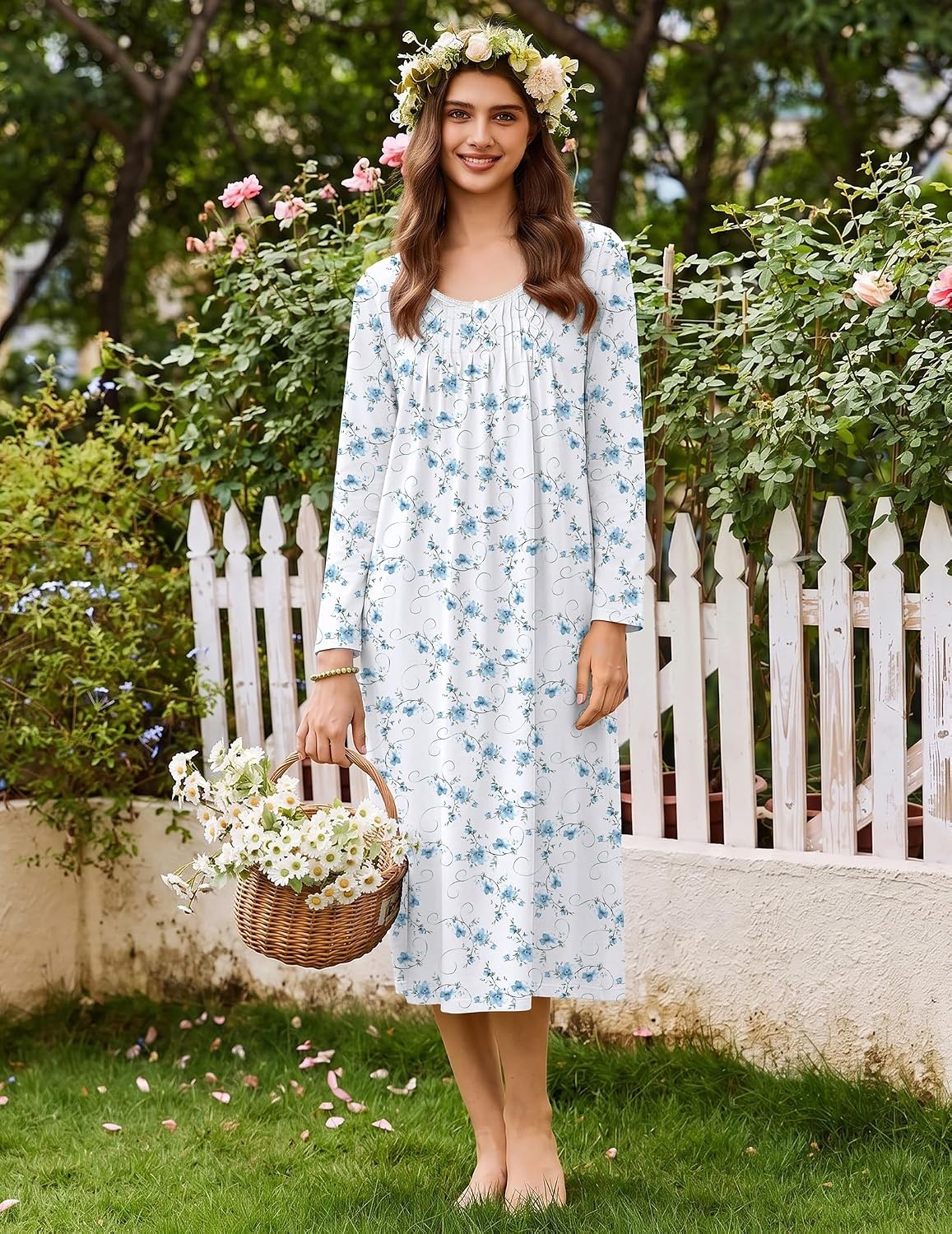 image:imageEkouaer Cotton Nightgowns for Women Long Sleeve Night GownWhite Blue Floral