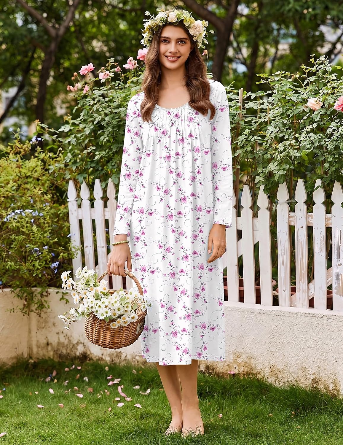 image:imageEkouaer Cotton Nightgowns for Women Long Sleeve Night GownWhite Pink Floral