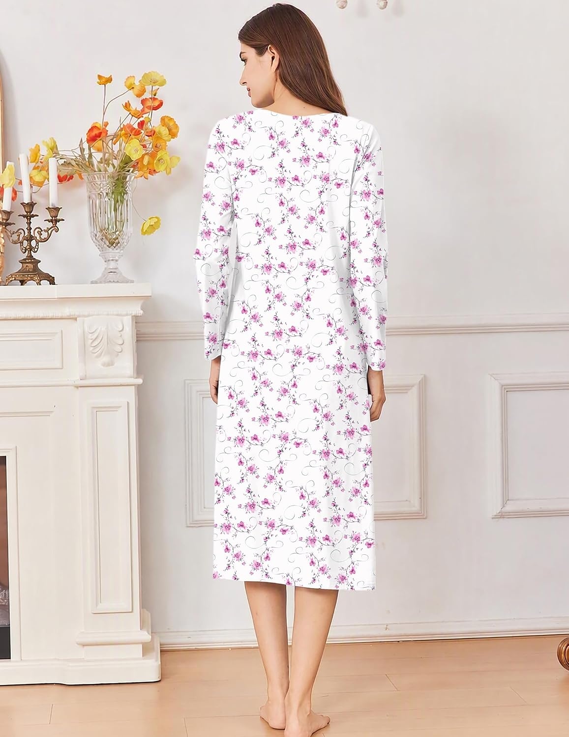 image:imageEkouaer Cotton Nightgowns for Women Long Sleeve Night GownWhite Pink Floral