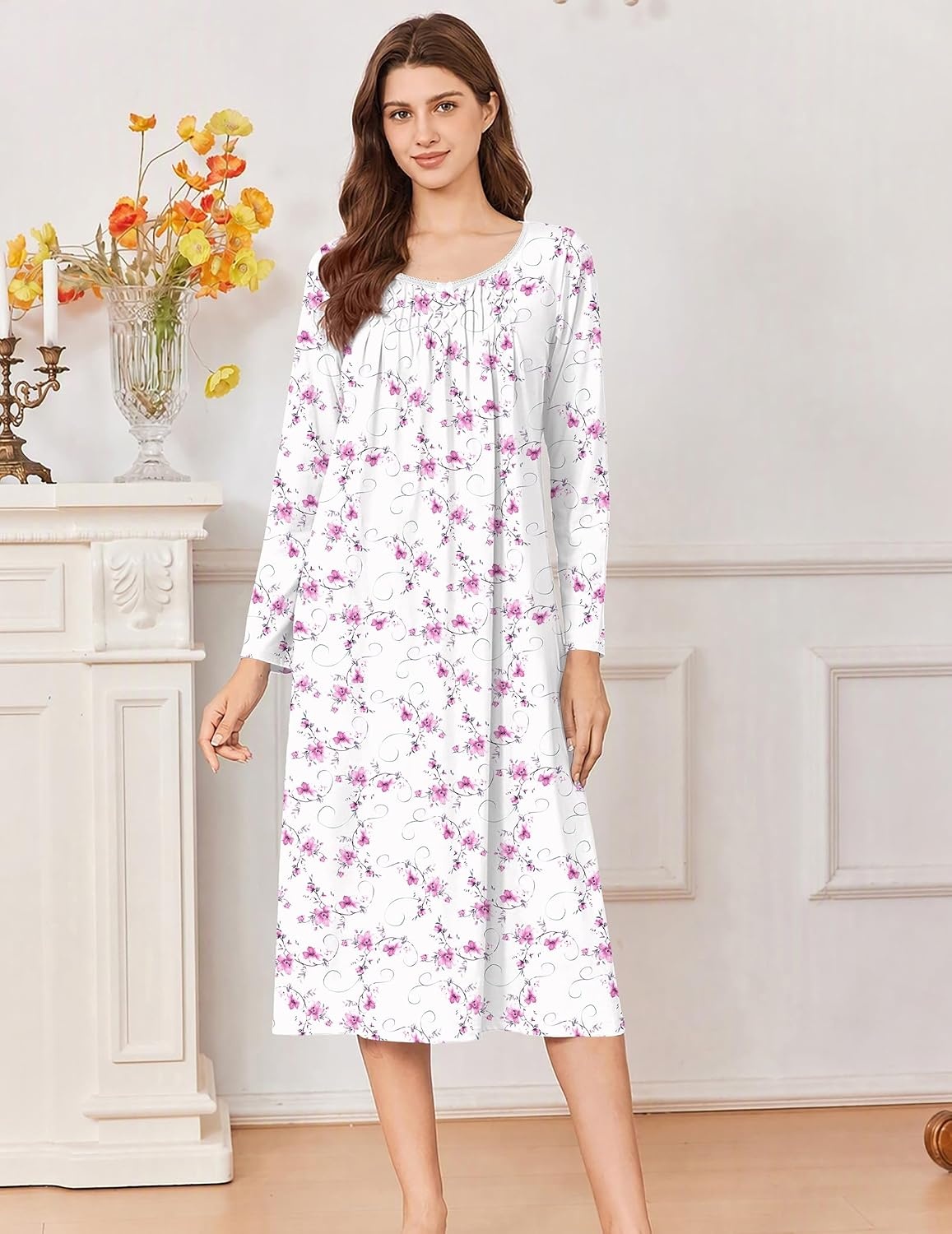 image:imageEkouaer Cotton Nightgowns for Women Long Sleeve Night GownWhite Pink Floral