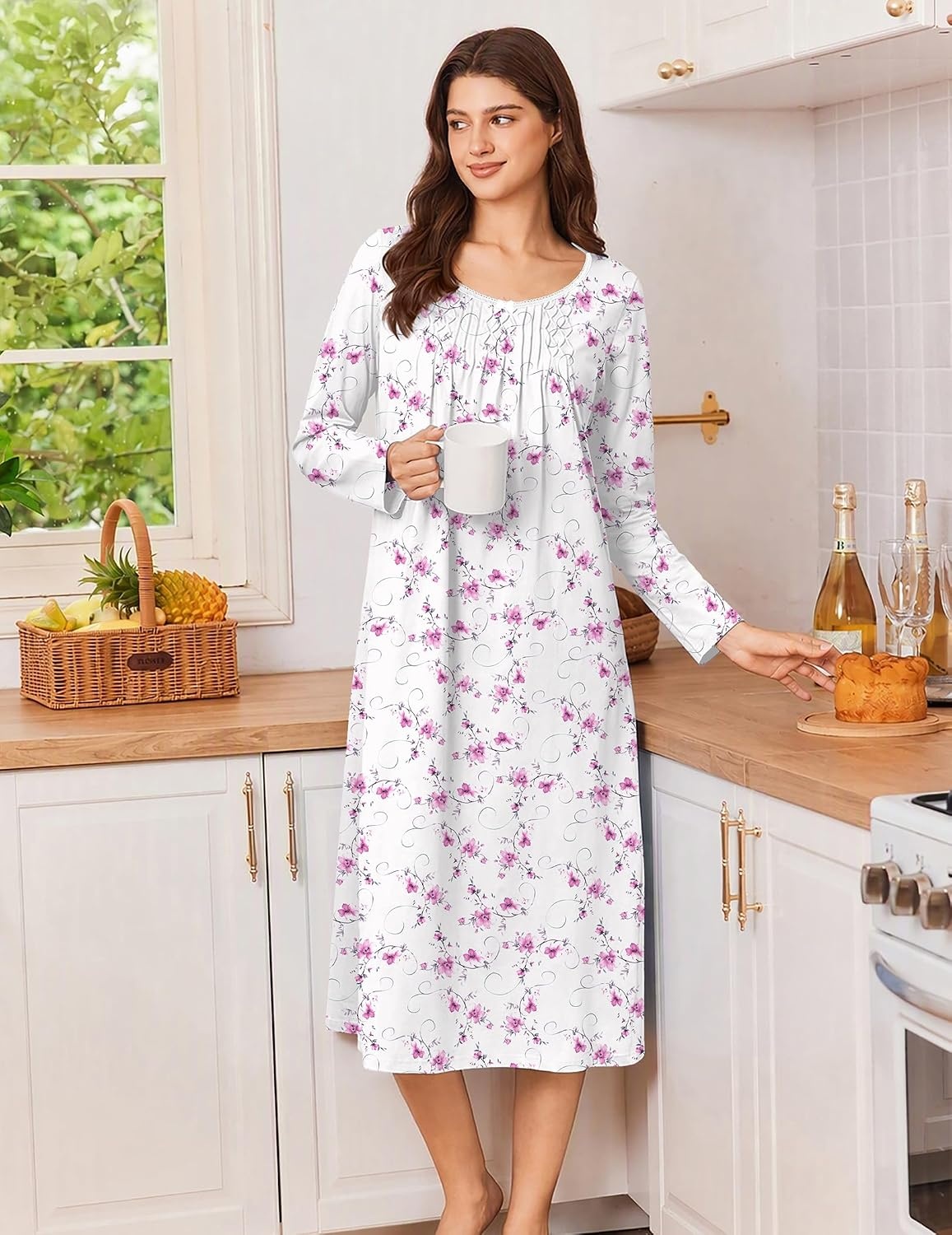 image:imageEkouaer Cotton Nightgowns for Women Long Sleeve Night GownWhite Pink Floral